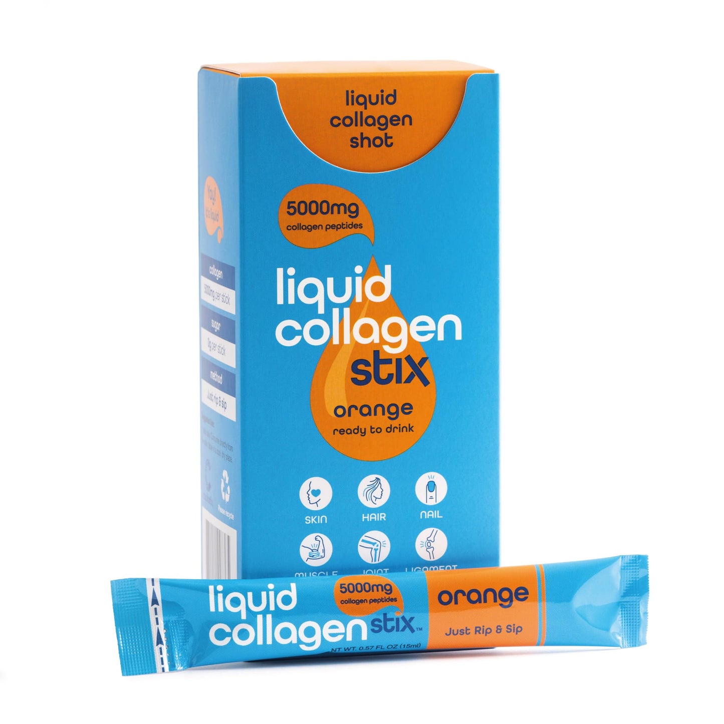 Liquid Collagen Stix – Hydrolyzed Liquid Collagen Peptides | Grass-Fed Bovine | Hair, Skin & Nails | Pack of 14 (Orange)