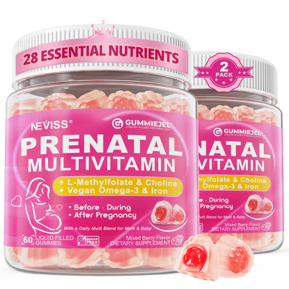 NEVISS Prenatal Multivitamin Gummies for Women – Methylfolate 1mg, DHA+EPA, Iron, Choline, Sugar-Free, 120 Count