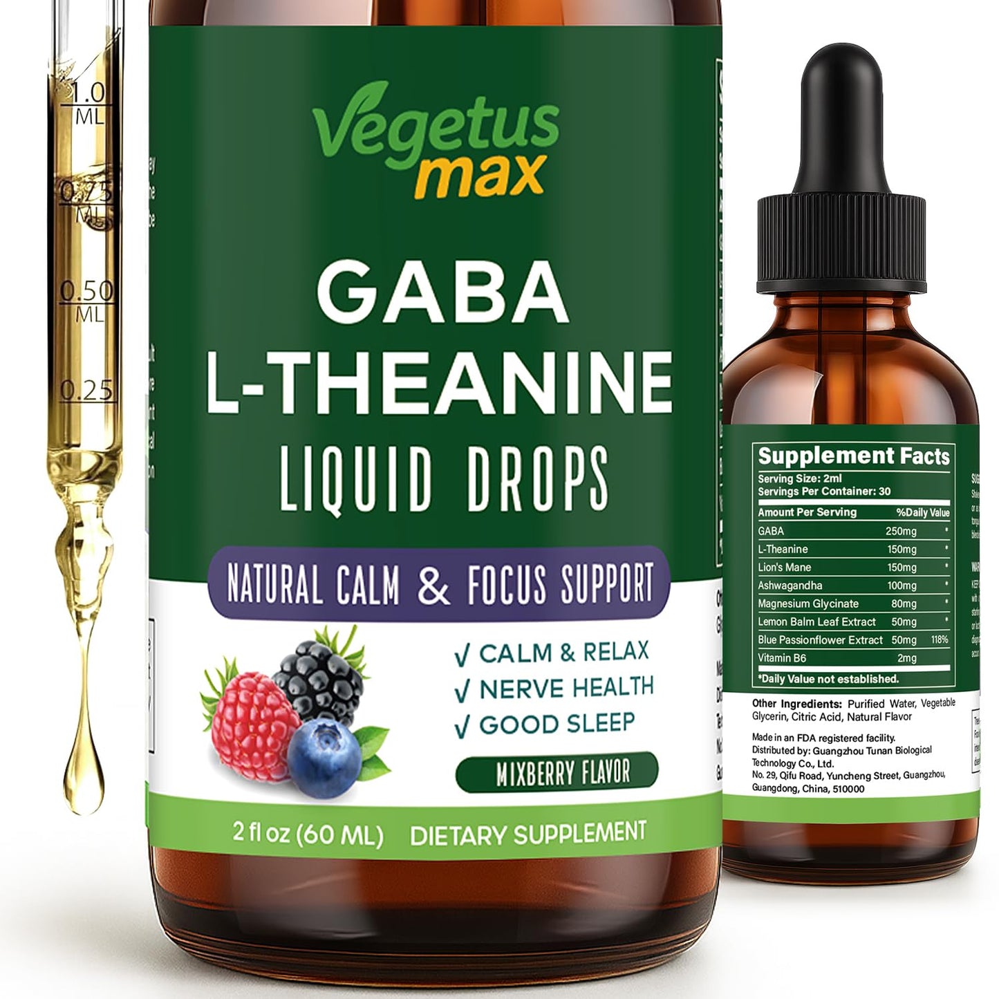 Liquid GABA L-Theanine Drops with Lion’s Mane – Calm, Sleep & Focus (2oz/60ml)
