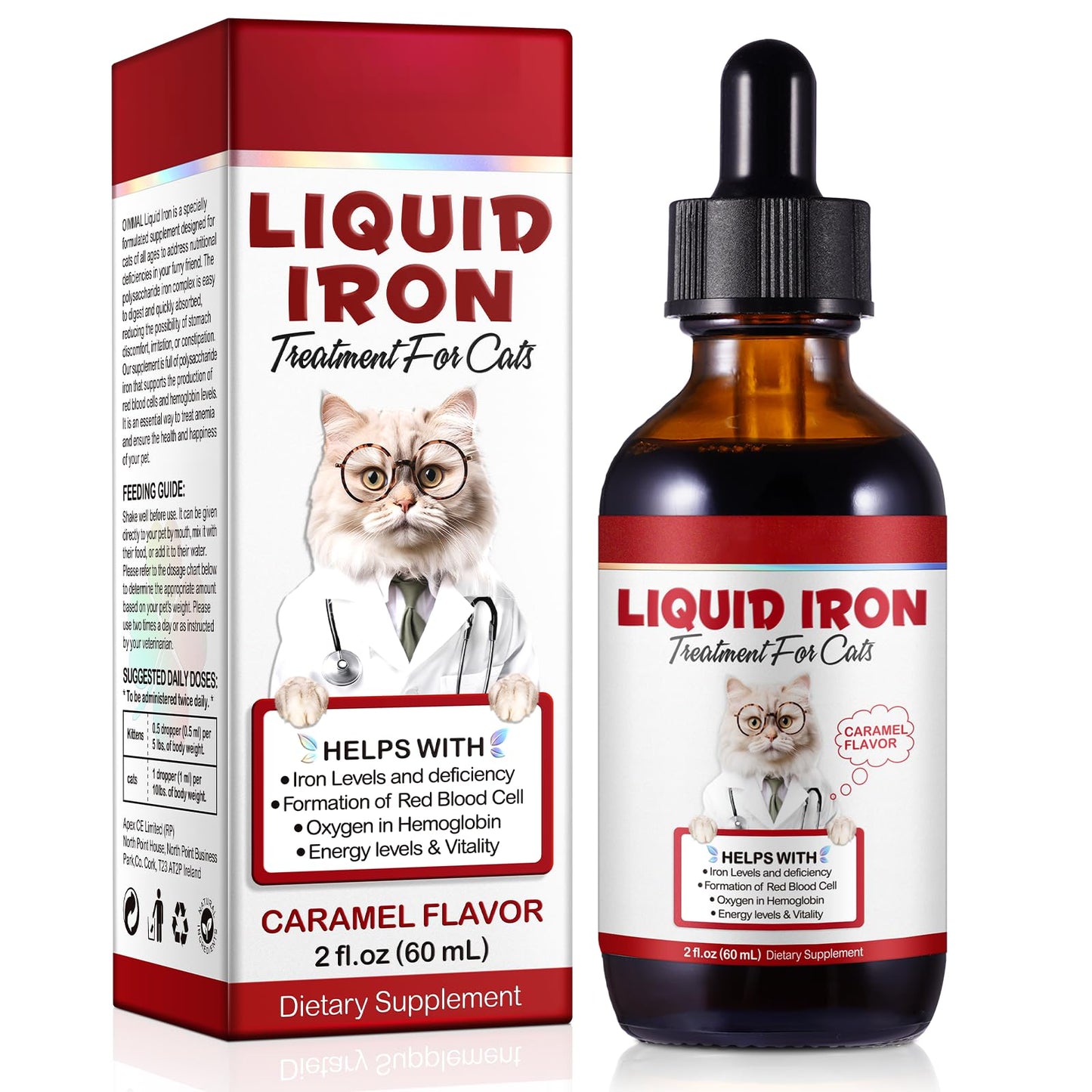 Liquid Iron Drops for Cats - Supports Anemia, Energy & Vitality (Caramel Flavor) 2 fl oz