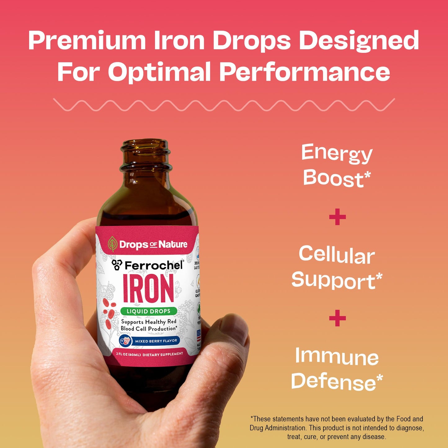 Liquid Iron Drops for Women - High Absorption, Vegan & Non-GMO (60ml) - Mixed Berry