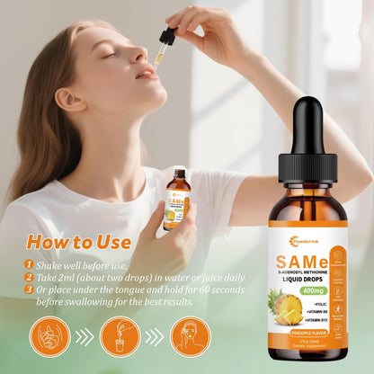 Liquid SAM-e Drops 2 Oz - 400mg SAM-e with B6, B12 & Folate | Pineapple Flavor | 98% Absorption | Joint & Liver Health | 0 Sugar