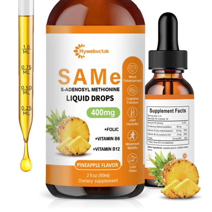 Liquid SAM-e Drops 2 Oz - 400mg SAM-e with B6, B12 & Folate | Pineapple Flavor | 98% Absorption | Joint & Liver Health | 0 Sugar