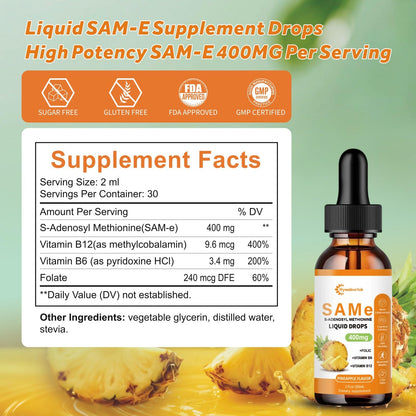 Liquid SAM-e Drops 2 Oz - 400mg SAM-e with B6, B12 & Folate | Pineapple Flavor | 98% Absorption | Joint & Liver Health | 0 Sugar