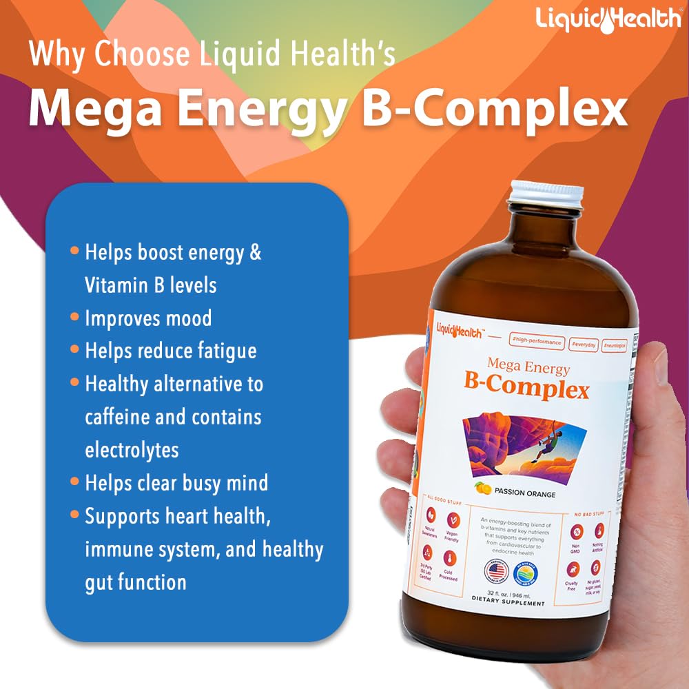 LIQUIDHEALTH Mega Energy B-Complex – Liquid Vitamin for Energy, Immune Support & Heart Health | Made in USA | Vegan