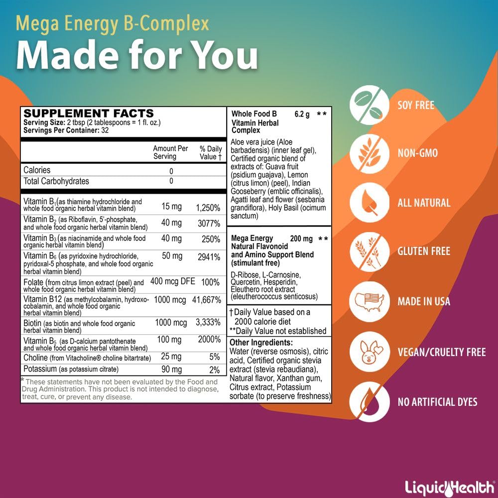 LIQUIDHEALTH Mega Energy B-Complex – Liquid Vitamin for Energy, Immune Support & Heart Health | Made in USA | Vegan