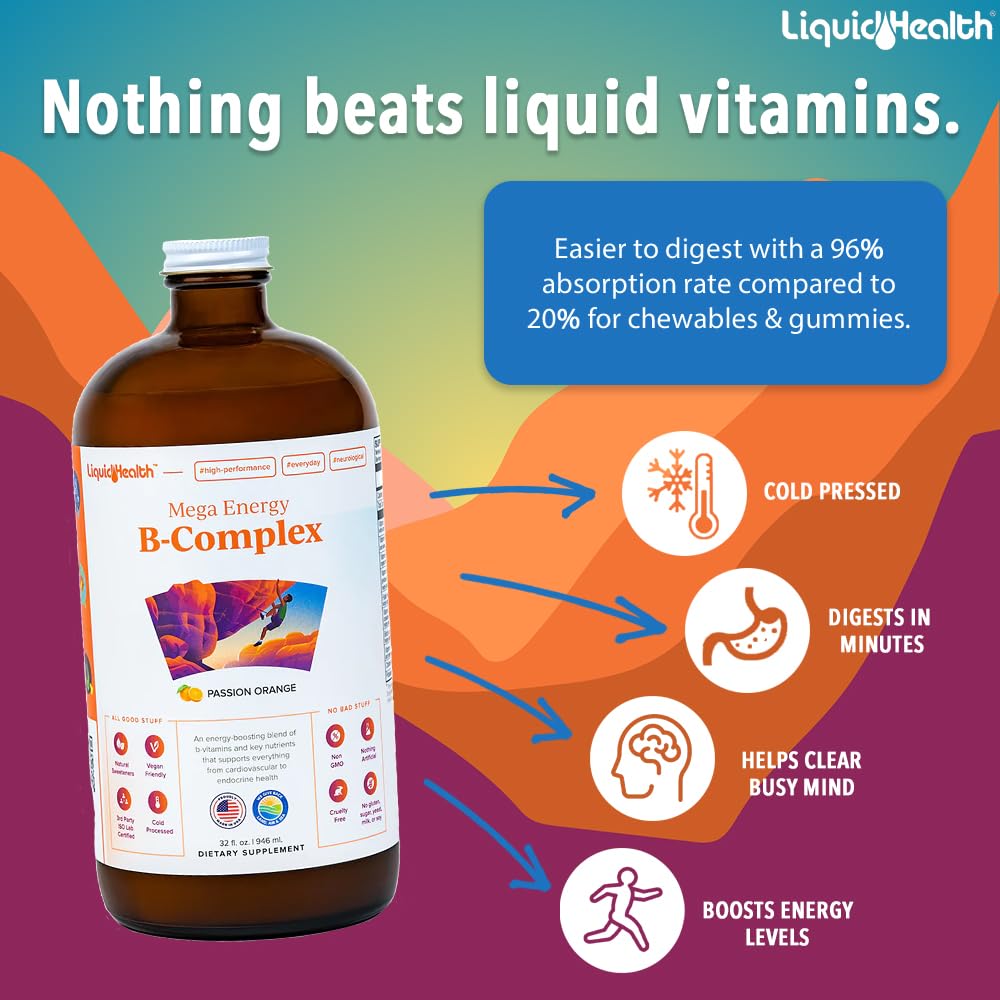 LIQUIDHEALTH Mega Energy B-Complex – Liquid Vitamin for Energy, Immune Support & Heart Health | Made in USA | Vegan