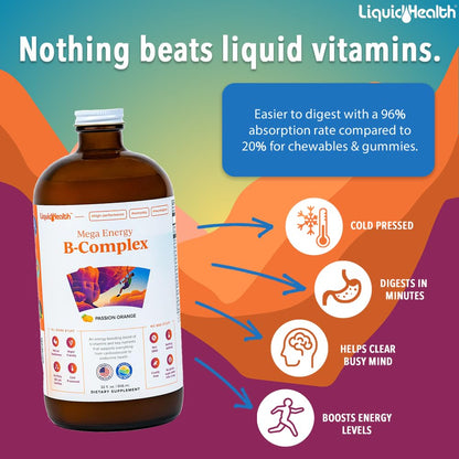 LIQUIDHEALTH Mega Energy B-Complex – Liquid Vitamin for Energy, Immune Support & Heart Health | Made in USA | Vegan