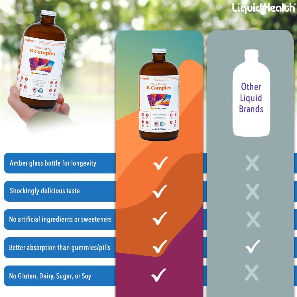 LIQUIDHEALTH Mega Energy B-Complex – Liquid Vitamin for Energy, Immune Support & Heart Health | Made in USA | Vegan