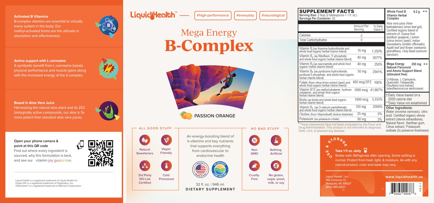 LIQUIDHEALTH Mega Energy B-Complex – Liquid Vitamin for Natural Energy, Immune Support, and Vitality (3 Pack) – Made in USA, Vegan, Sugar-Free