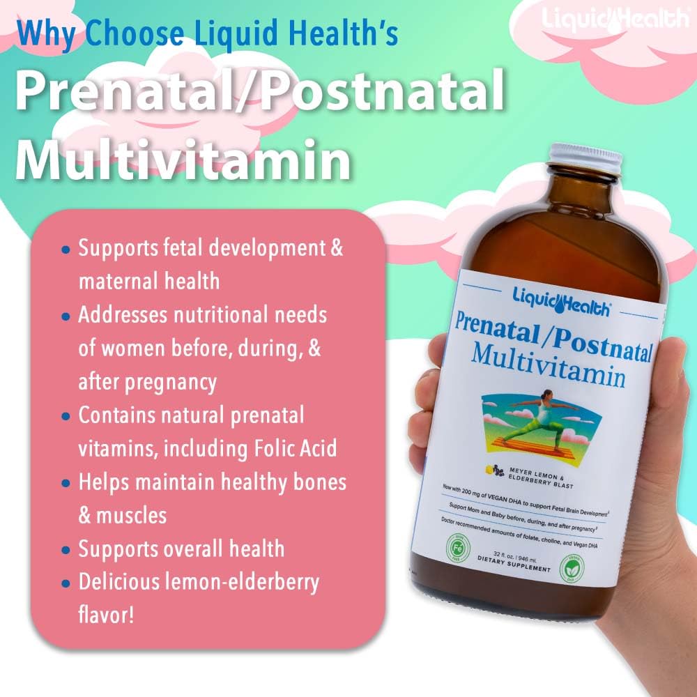 LIQUIDHEALTH Prenatal/Postnatal Liquid Multivitamin with Real Folate – Made in USA, Vegan, Sugar-Free, Non-GMO (2 Pack)
