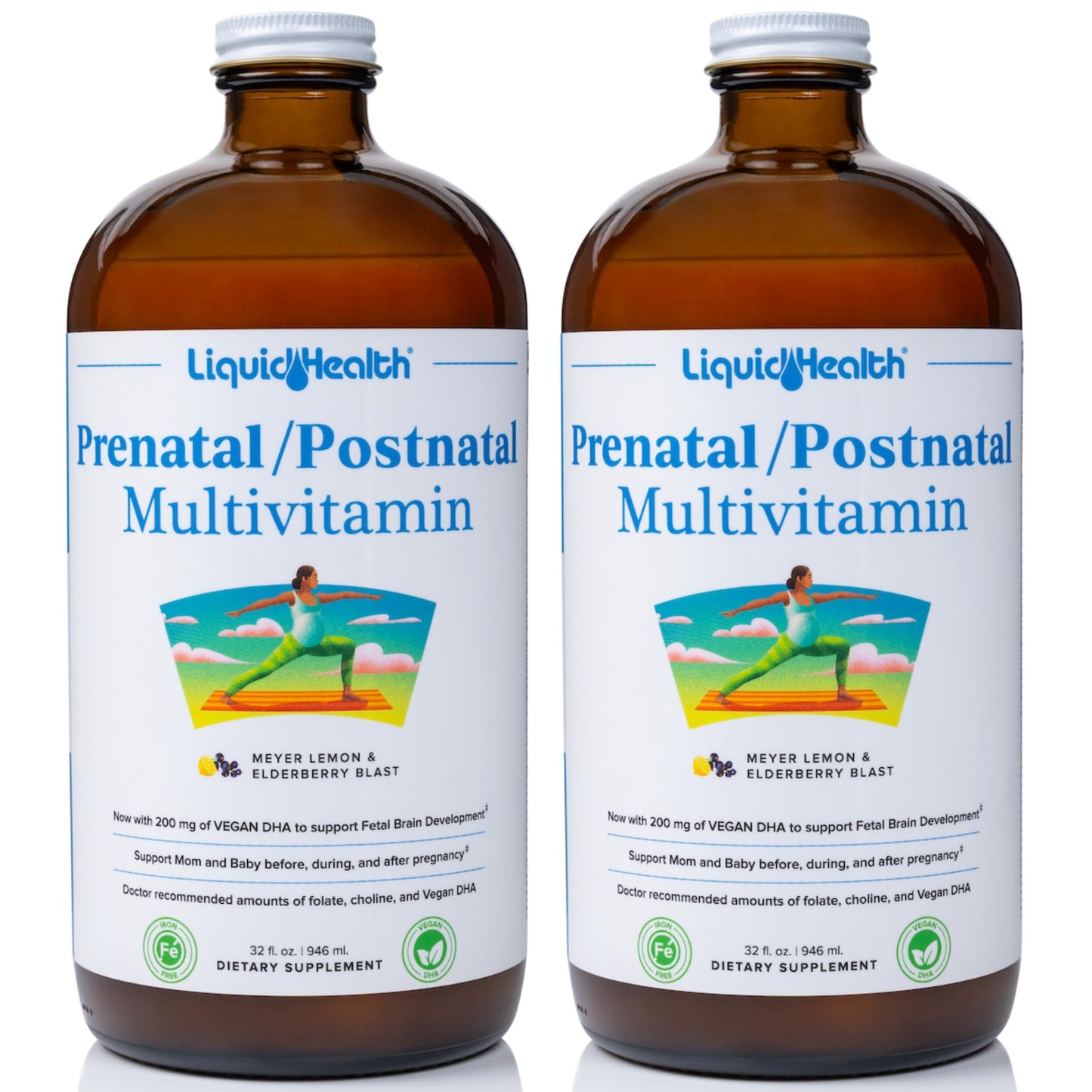 LIQUIDHEALTH Prenatal/Postnatal Liquid Multivitamin with Real Folate – Made in USA, Vegan, Sugar-Free, Non-GMO (2 Pack)