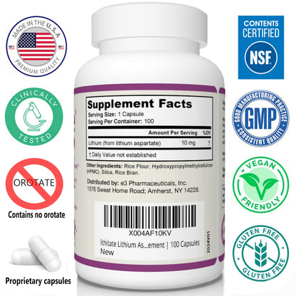 Lithitate Lithium Aspartate 10mg – Supports Brain Health & Mental Clarity | NSF Certified | 100 Capsules
