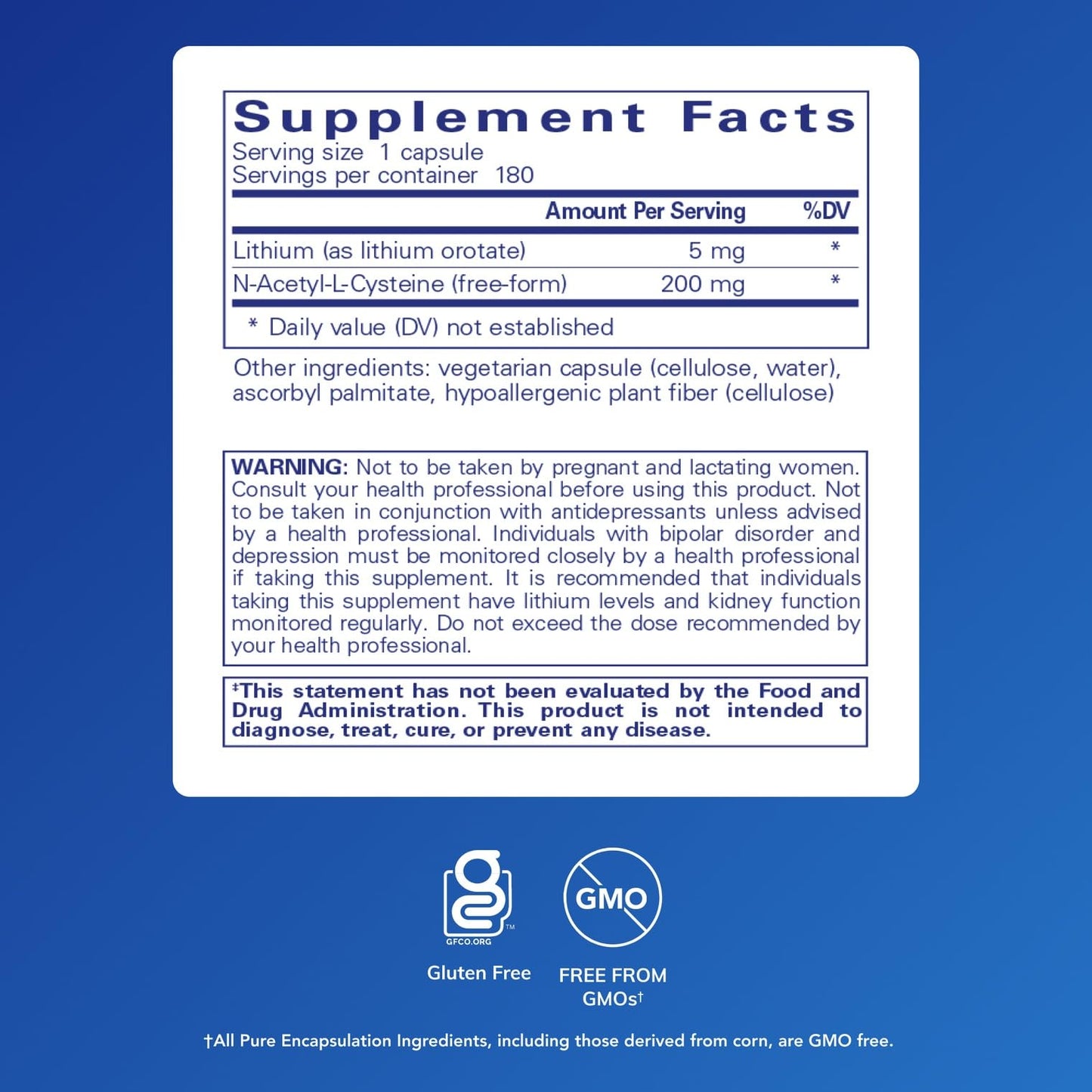 Pure Encapsulations Lithium Orotate 5 mg – Brain Support with NAC (180 caps)