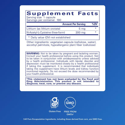 Pure Encapsulations Lithium Orotate 5 mg – Brain Support with NAC (180 caps)