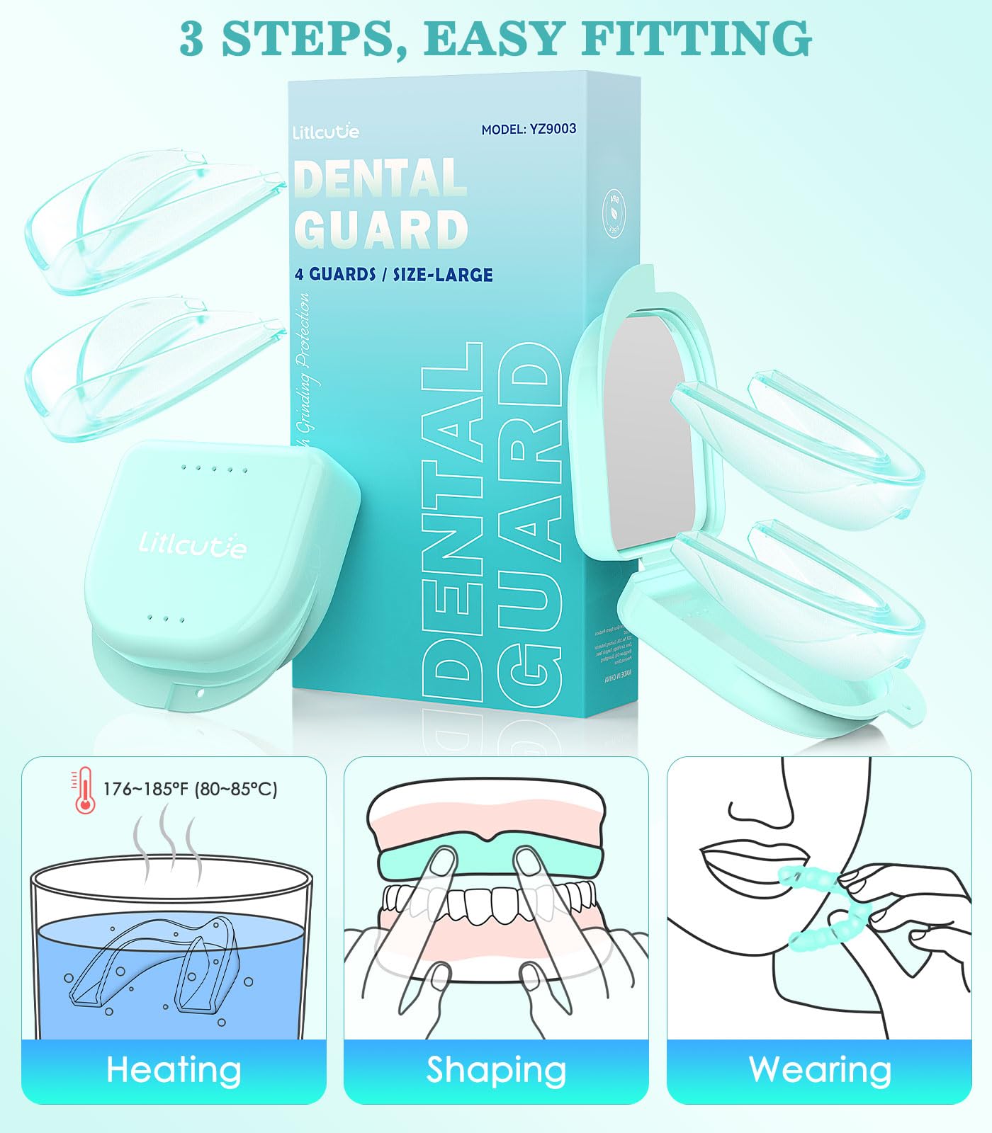 Litlcutie Mouth Guard for Teeth Grinding at Night - 4 Pack Large Mint Green