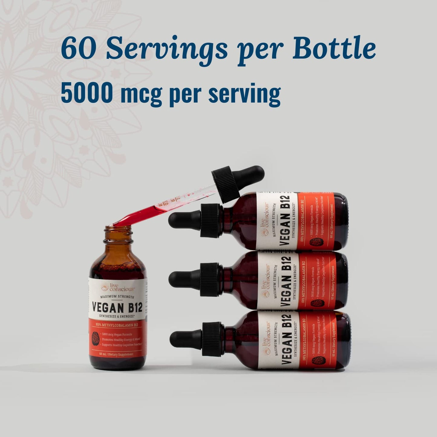 Live Conscious Vegan B12 Sublingual Drops 5000 mcg Methylcobalamin 2 Pack