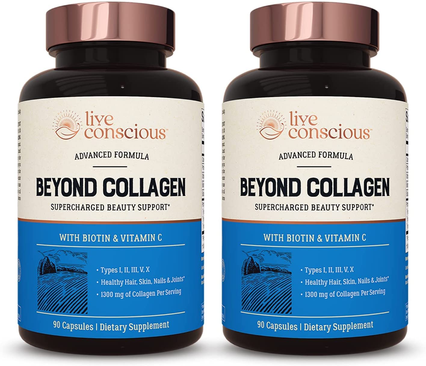 Live Conscious Beyond Collagen Multi Collagen Capsules – Types I, II, III, V & X with Biotin & Vitamin C | 2-Pack, 90 Capsules