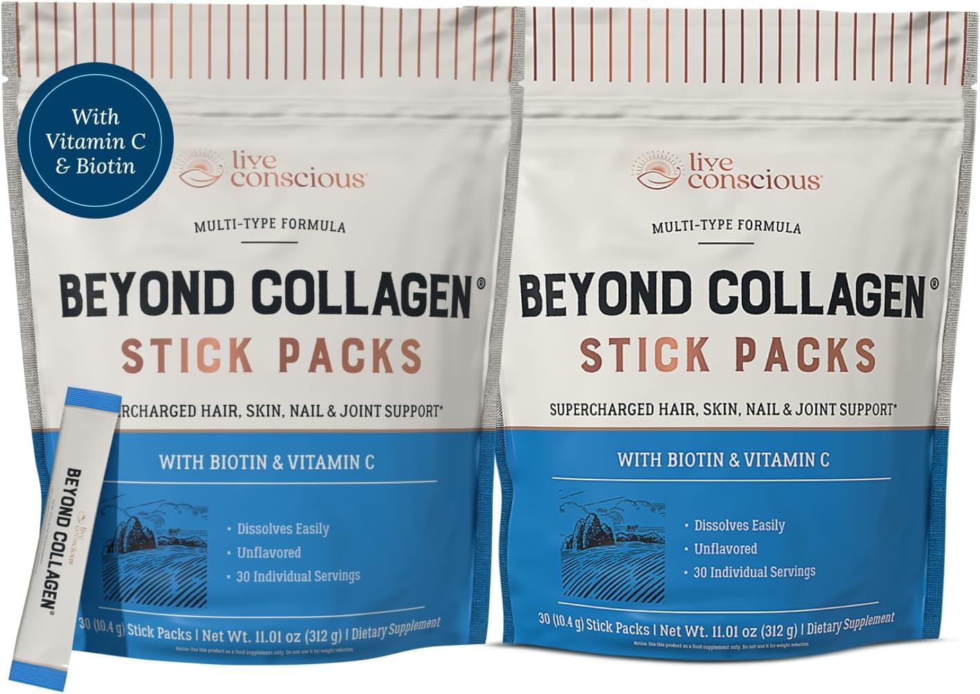 Live Conscious Beyond Collagen Peptides Powder – Unflavored Packets, Hydrolyzed Multi-Type Collagen for Hair, Skin, Nails & Joints (30 Pack, 2pk)