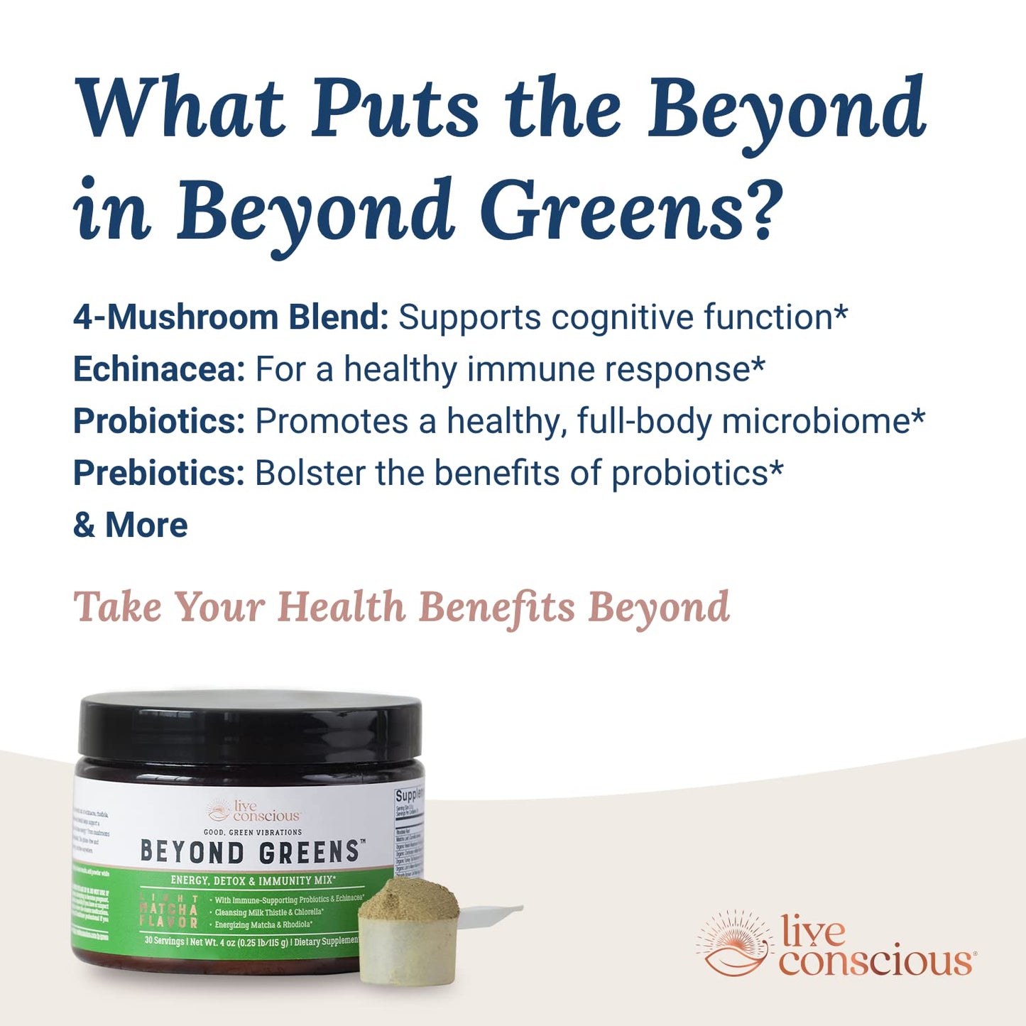 Live Conscious Beyond Greens: Debloating Matcha Greens with Chlorella, Echinacea & Probiotics