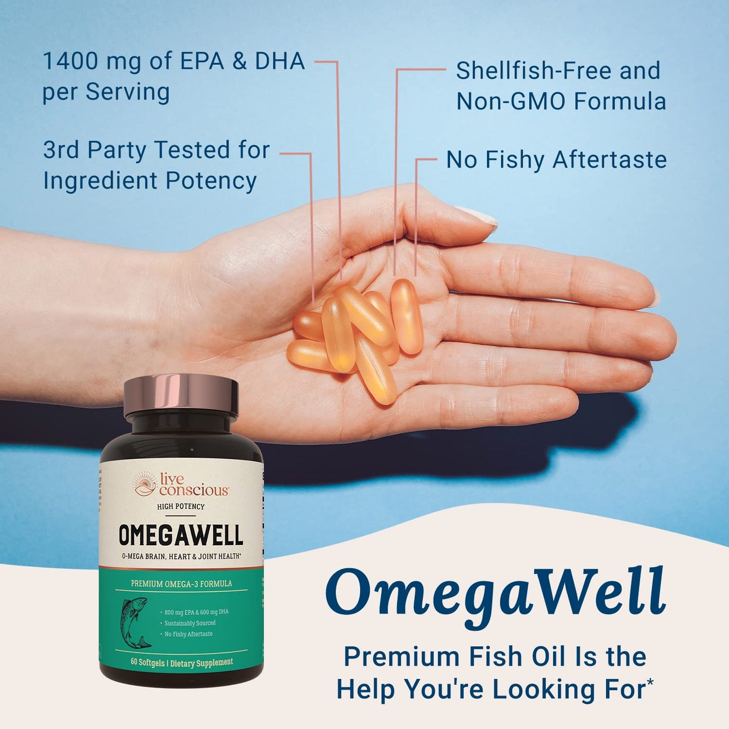Live Conscious OmegaWell Fish Oil | 800 mg EPA / 600 mg DHA | Enteric-Coated, Burpless, Sustainably Sourced | 120-Count (2-Pack)