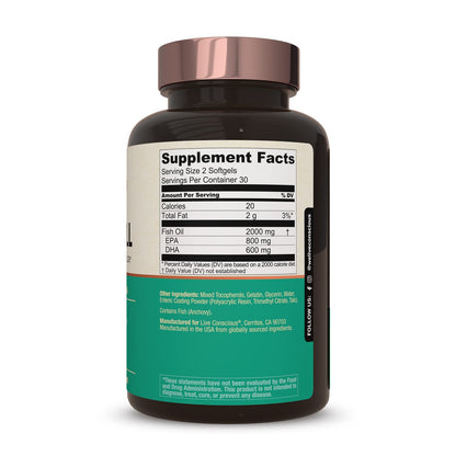 Live Conscious OmegaWell Fish Oil | 800 mg EPA / 600 mg DHA | Enteric-Coated, Burpless, Sustainably Sourced | 120-Count (2-Pack)