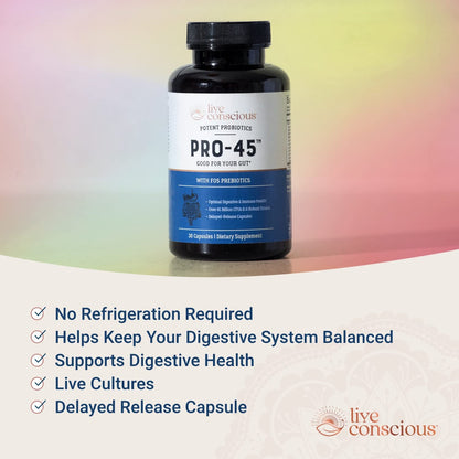 Live Conscious PRO45 Probiotic 45B CFU, 11 Strains, Dairy Free, Delayed-Release Veggie Caps | 2-Pack