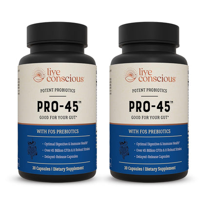 Live Conscious PRO45 Probiotic 45B CFU, 11 Strains, Dairy Free, Delayed-Release Veggie Caps | 2-Pack