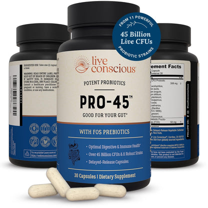 Live Conscious PRO45 Probiotic 45B CFU, 11 Strains, Dairy Free, Delayed-Release Veggie Caps | 2-Pack