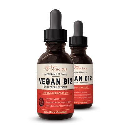 Live Conscious Vegan B12 Sublingual Drops 5000 mcg Methylcobalamin 2 Pack