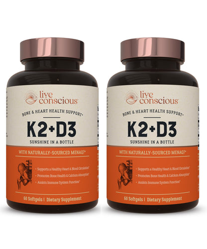 Live Conscious Vitamin K2 MK7 with D3 5000 IU – Bone & Heart Health Support (2-Pack)