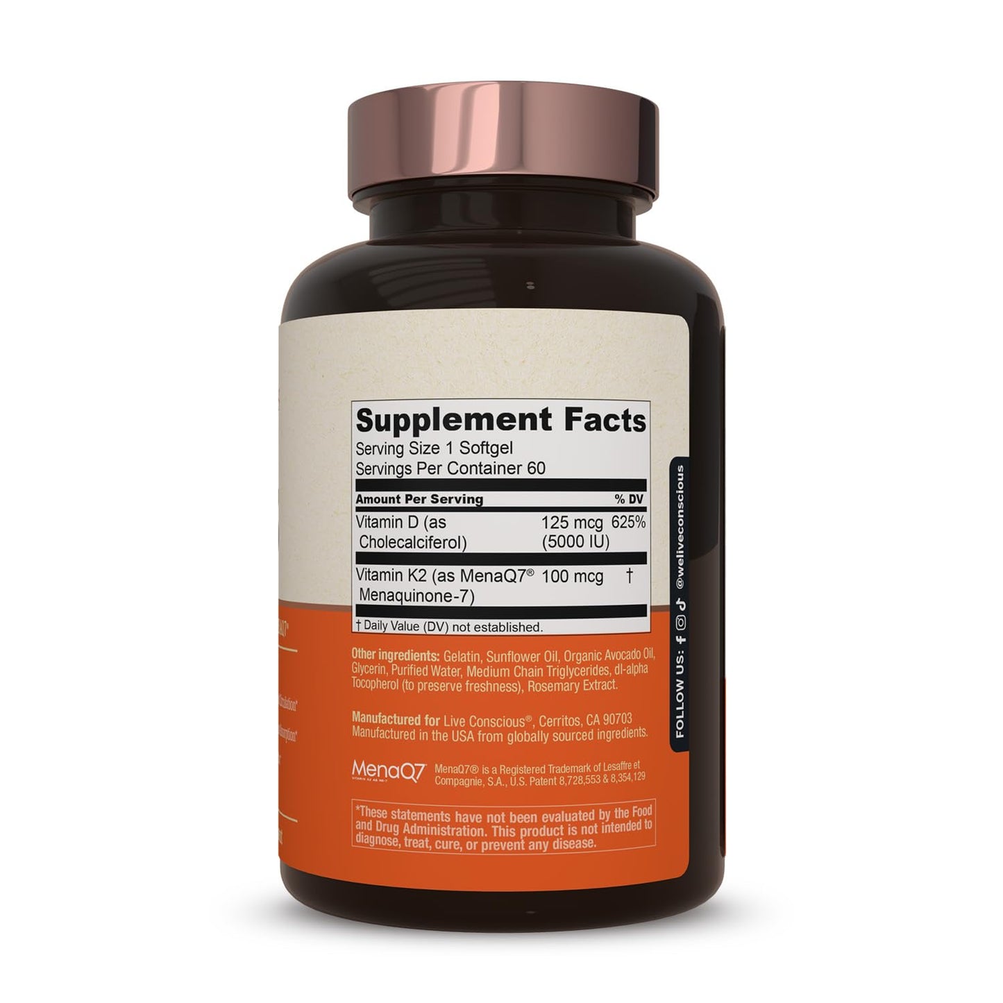 Live Conscious Vitamin K2 MK7 with D3 5000 IU – Bone & Heart Health Support (2-Pack)