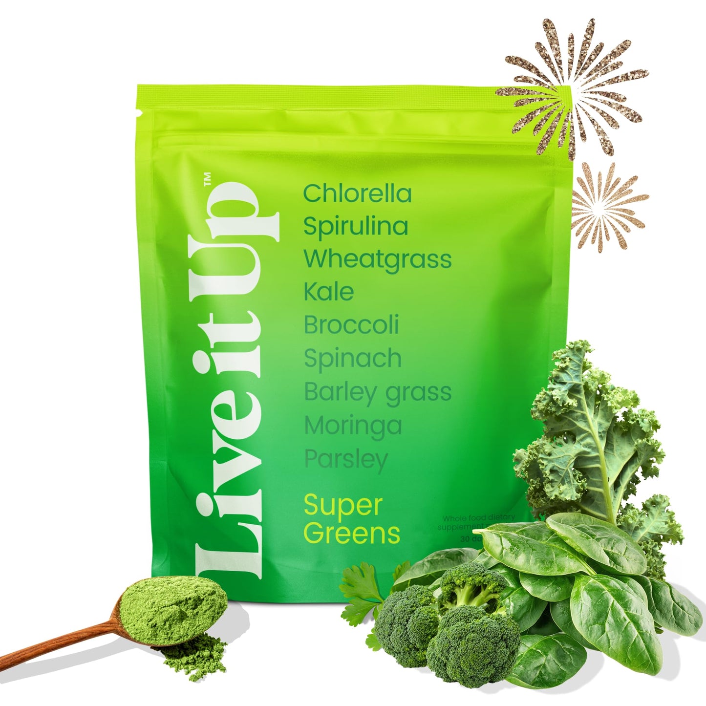 LIVE IT UP Super Greens Powder | Plant-Based Superfood + Probiotics & Digestive Enzymes | 30 Servings