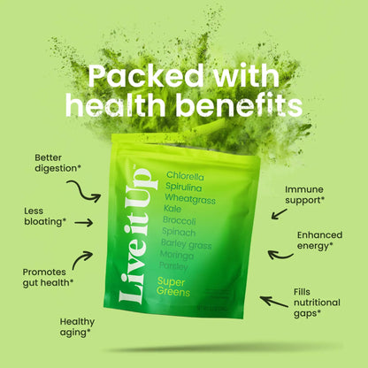 LIVE IT UP Super Greens Powder | Plant-Based Superfood + Probiotics & Digestive Enzymes | 30 Servings