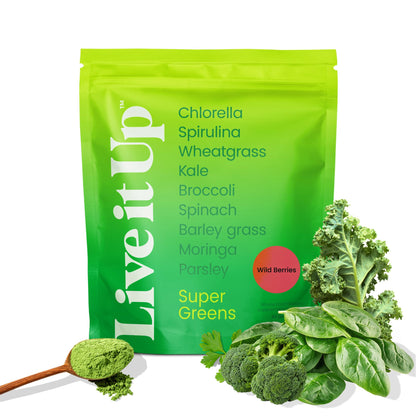 Live It Up Super Greens Powder | Berry Flavor with Probiotics & Digestive Enzymes – All-Natural Plant-Based Superfood, 30 Servings