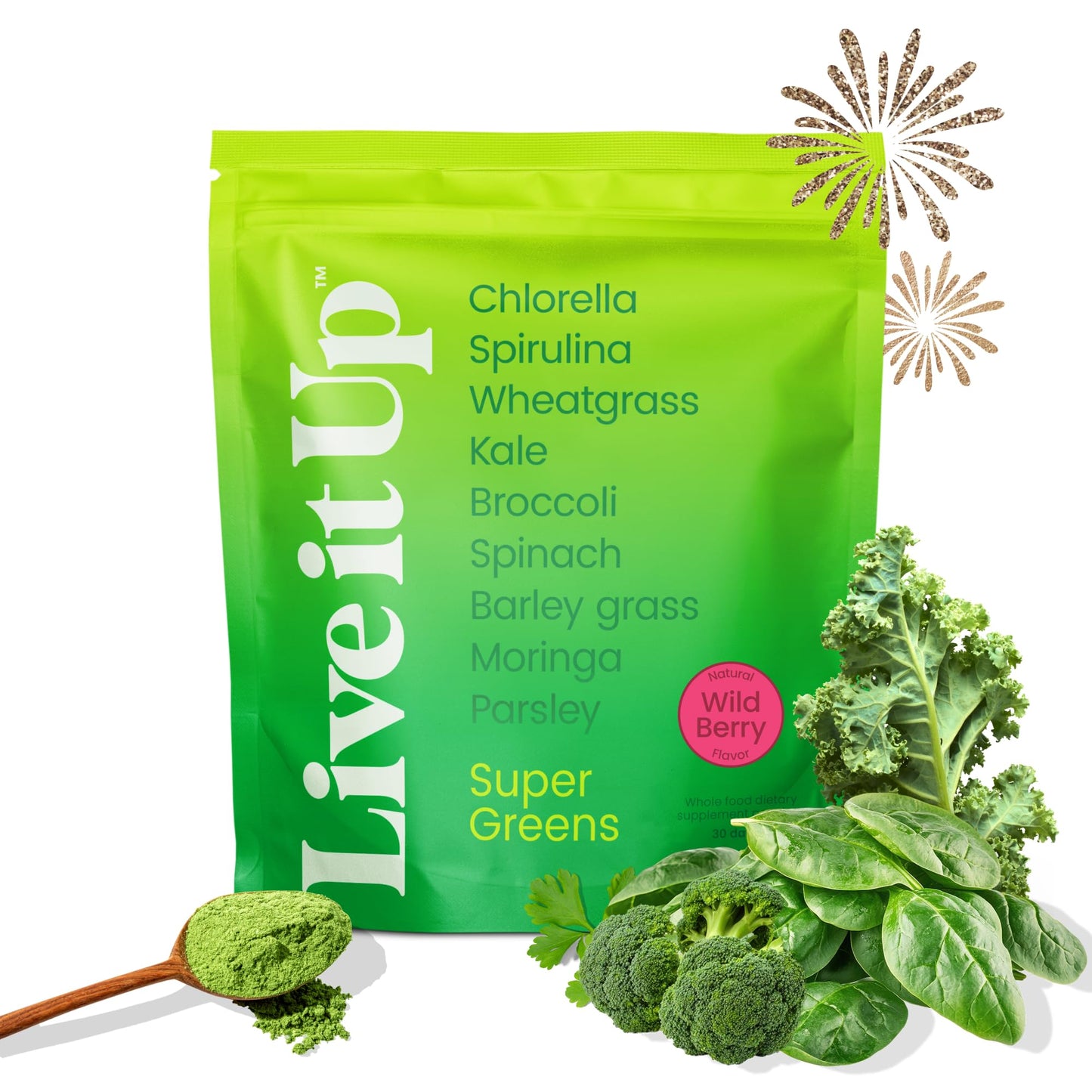 Live It Up Super Greens Powder | Berry Flavor with Probiotics & Digestive Enzymes – All-Natural Plant-Based Superfood, 30 Servings