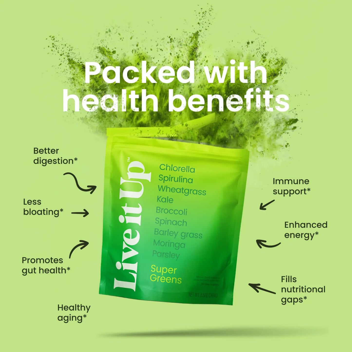 LIVE IT UP Super Greens Powder | Plant-Based Superfood + Probiotics & Digestive Enzymes | 30 Servings
