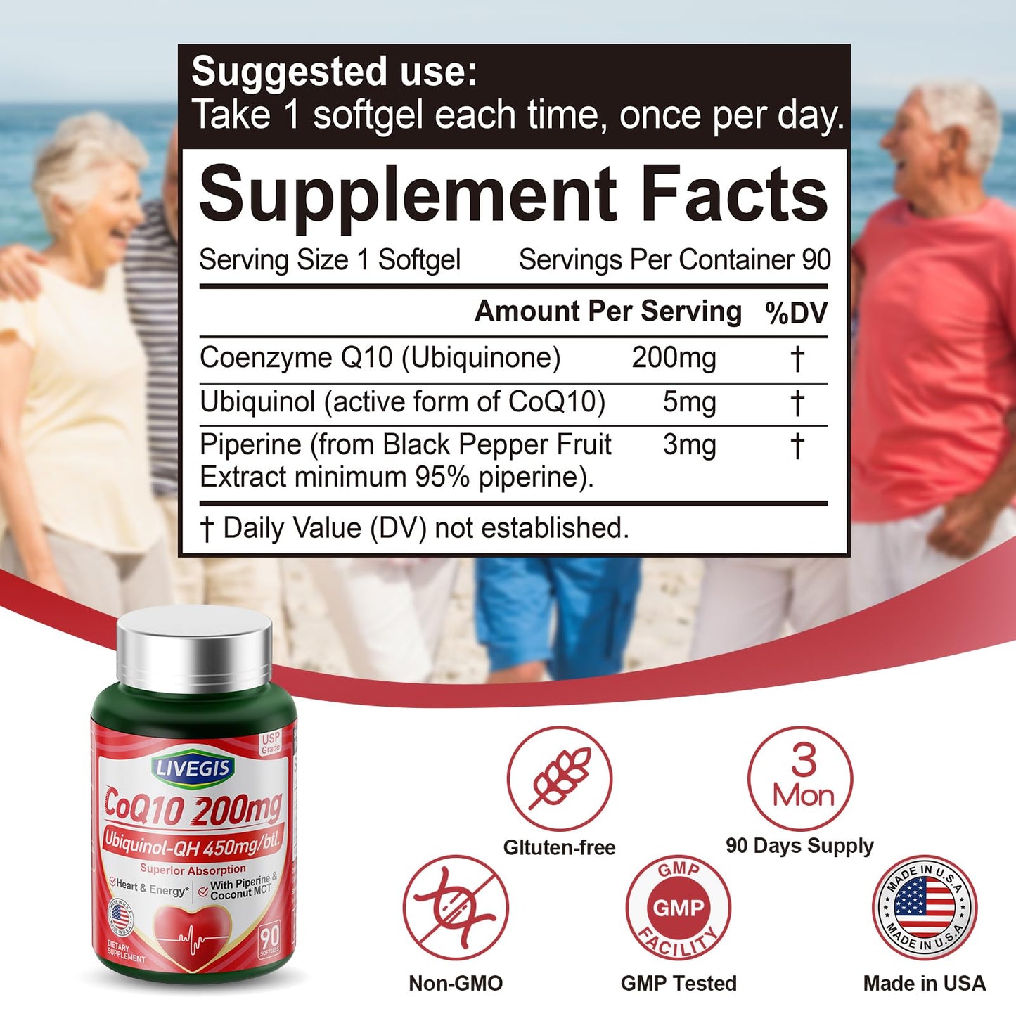 LIVEGIS CoQ10 200mg Softgels (90 Count) - Ubiquinone with MCT Oil for Heart Health & Energy