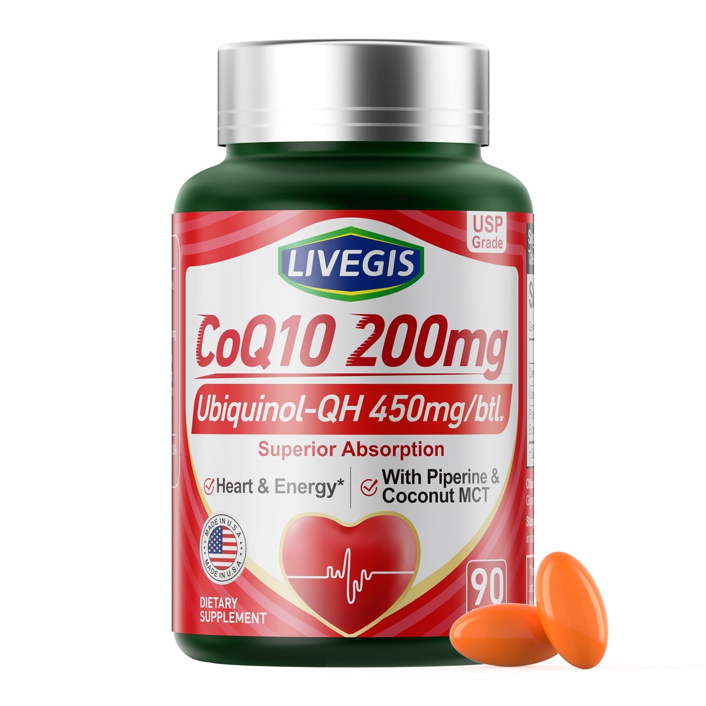 LIVEGIS CoQ10 200mg Softgels (90 Count) - Ubiquinone with MCT Oil for Heart Health & Energy