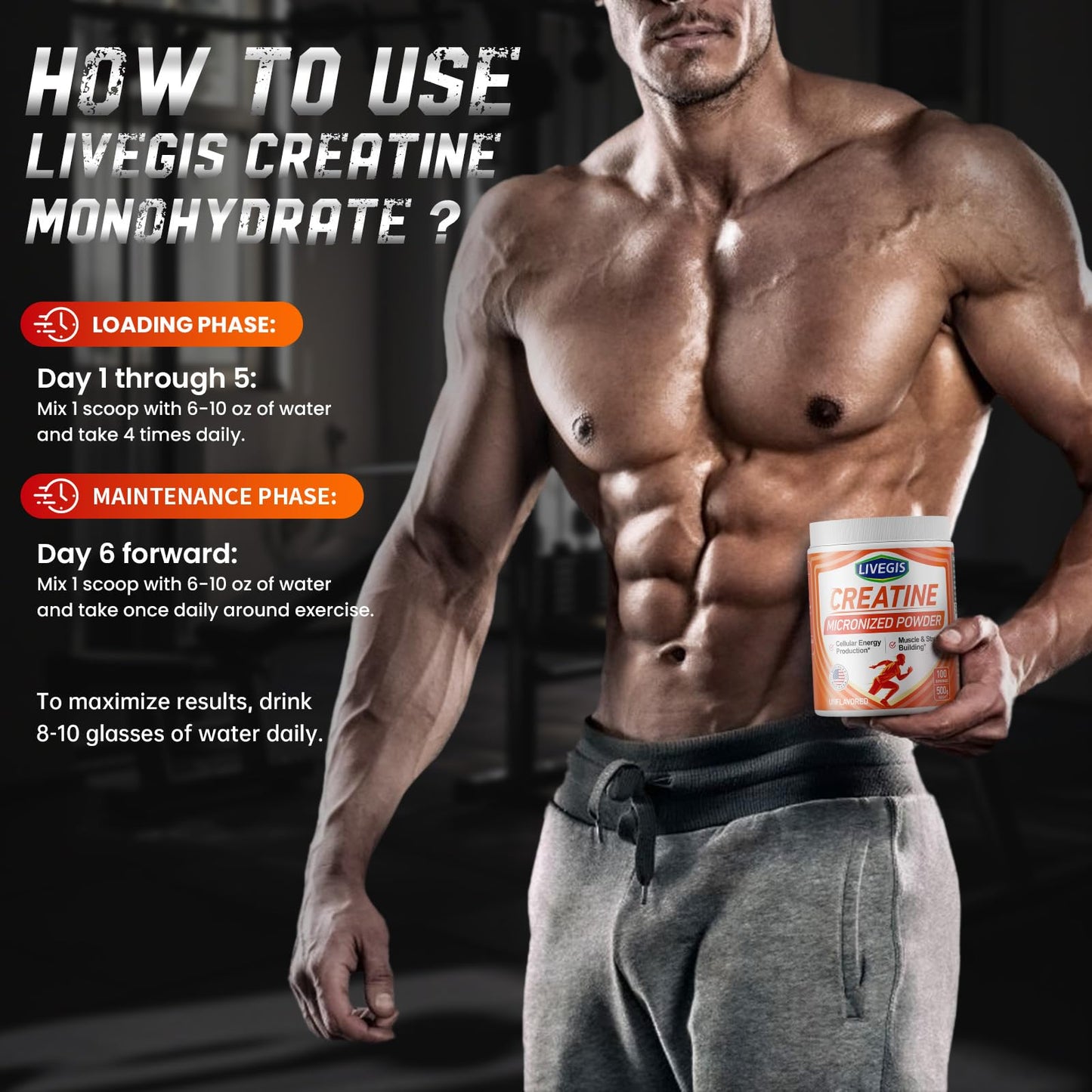 LIVEGIS Creatine Monohydrate – Unflavored, Keto Friendly – 500g (100 Servings)