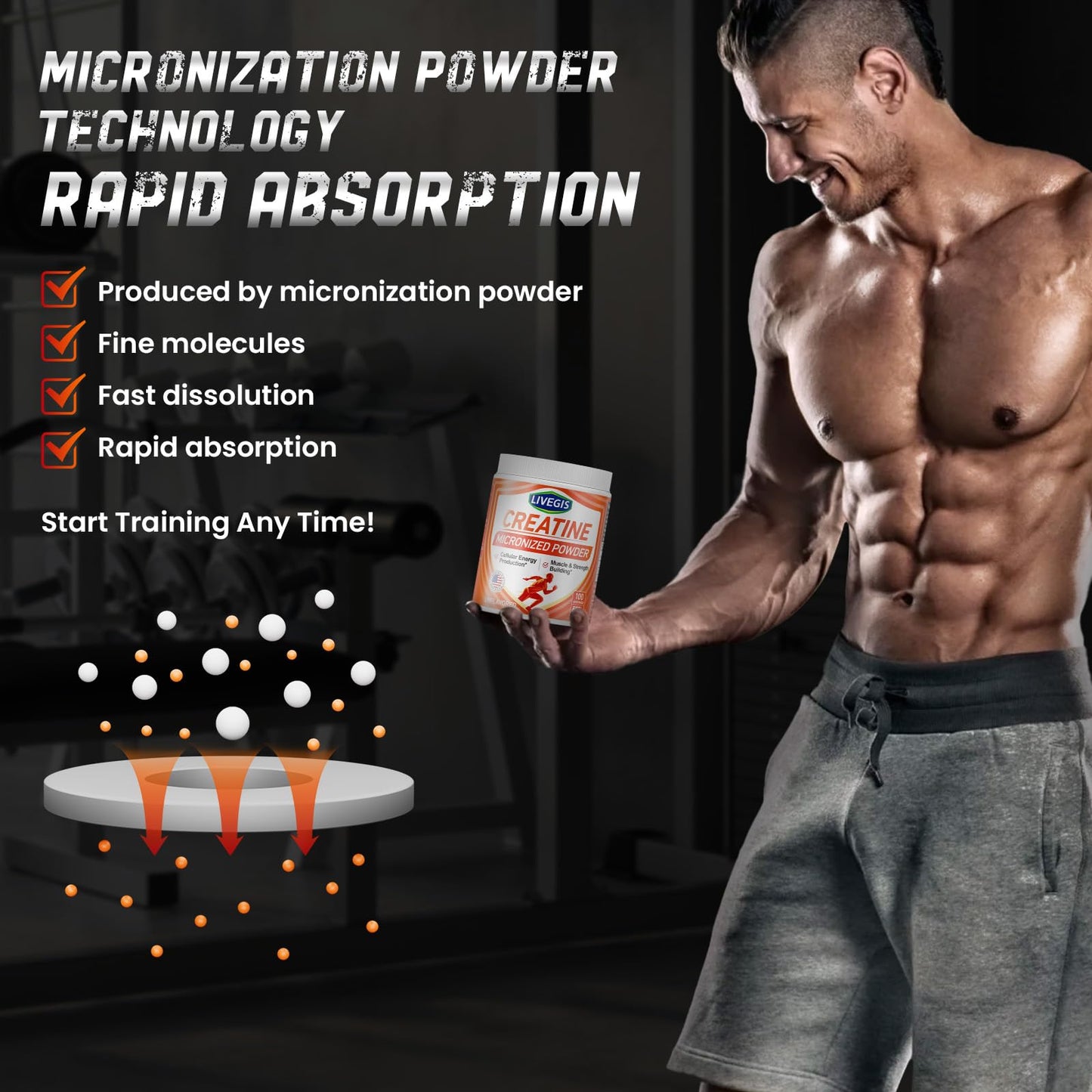 LIVEGIS Creatine Monohydrate – Unflavored, Keto Friendly – 500g (100 Servings)