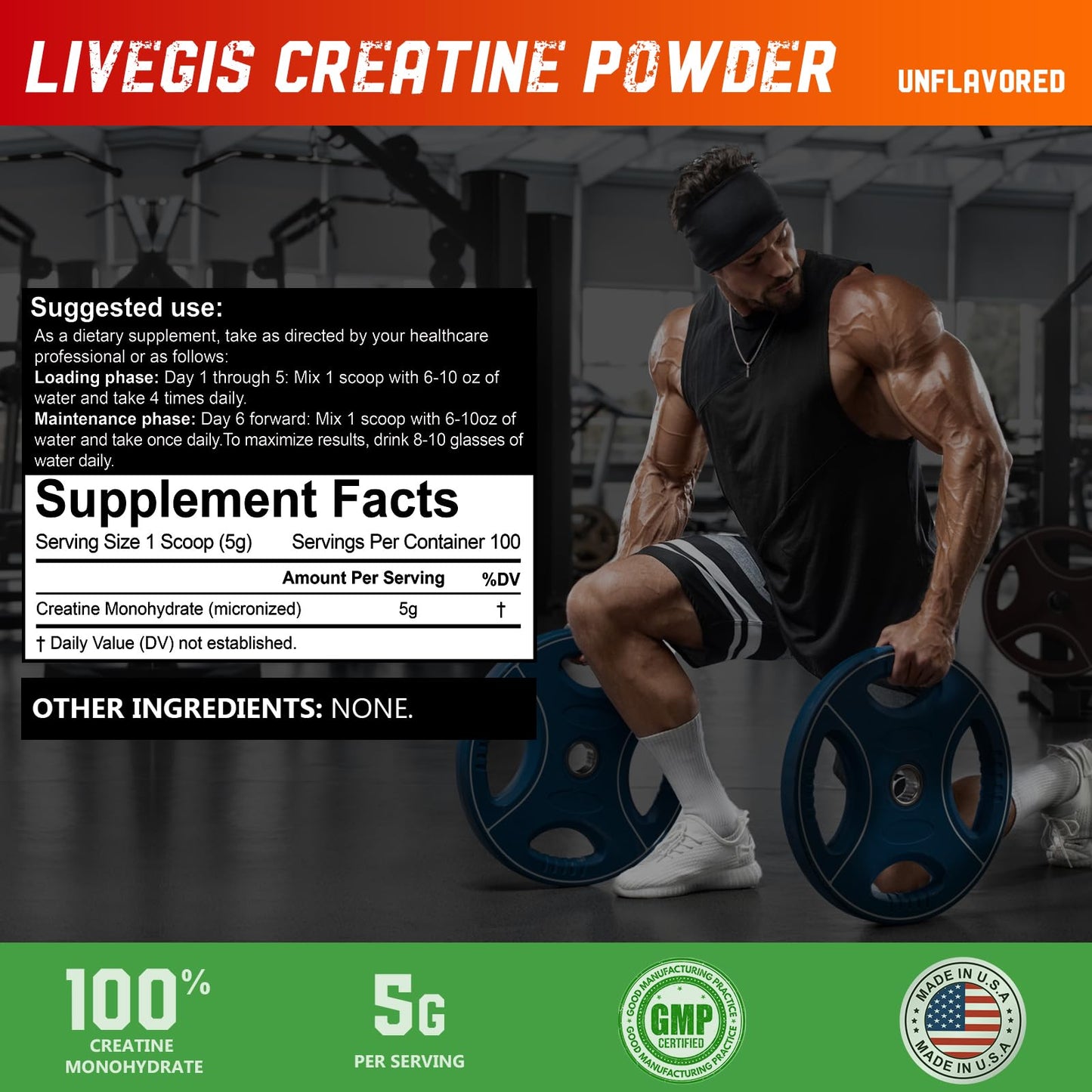 LIVEGIS Creatine Monohydrate – Unflavored, Keto Friendly – 500g (100 Servings)