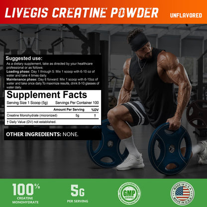 LIVEGIS Creatine Monohydrate – Unflavored, Keto Friendly – 500g (100 Servings)