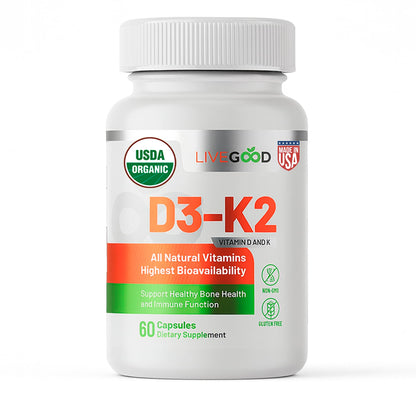 LIVEGOOD Vitamin D3 + K2 – All Natural Bone, Muscle & Immune Support (60 Capsules) - Vegan & Non-GMO