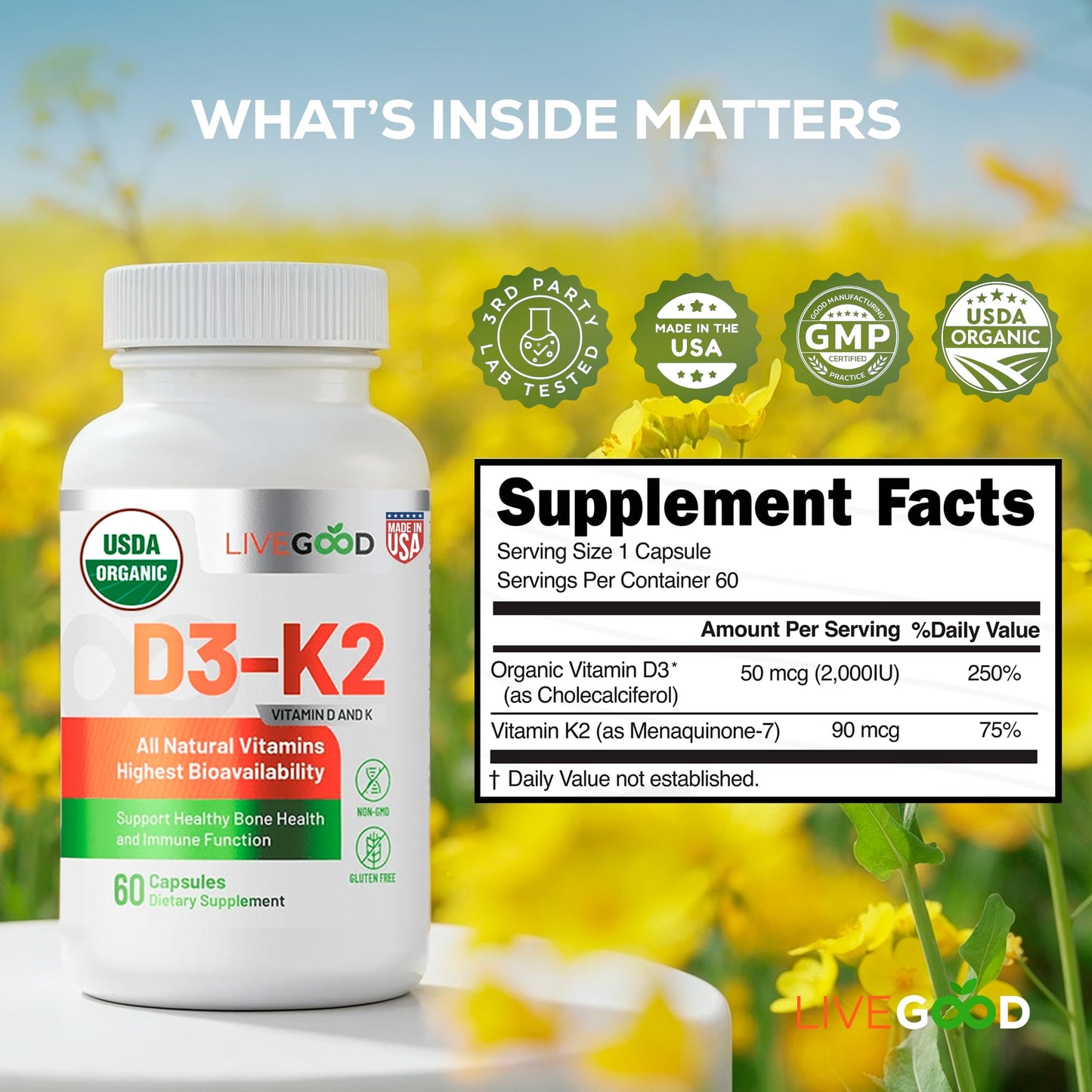 LIVEGOOD Vitamin D3 + K2 – All Natural Bone, Muscle & Immune Support (60 Capsules) - Vegan & Non-GMO