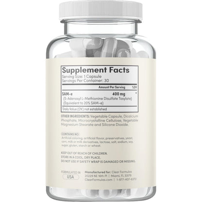 Clear Formulas SAM-e 400mg Bioactive – Liver & Mood Support, Vegan