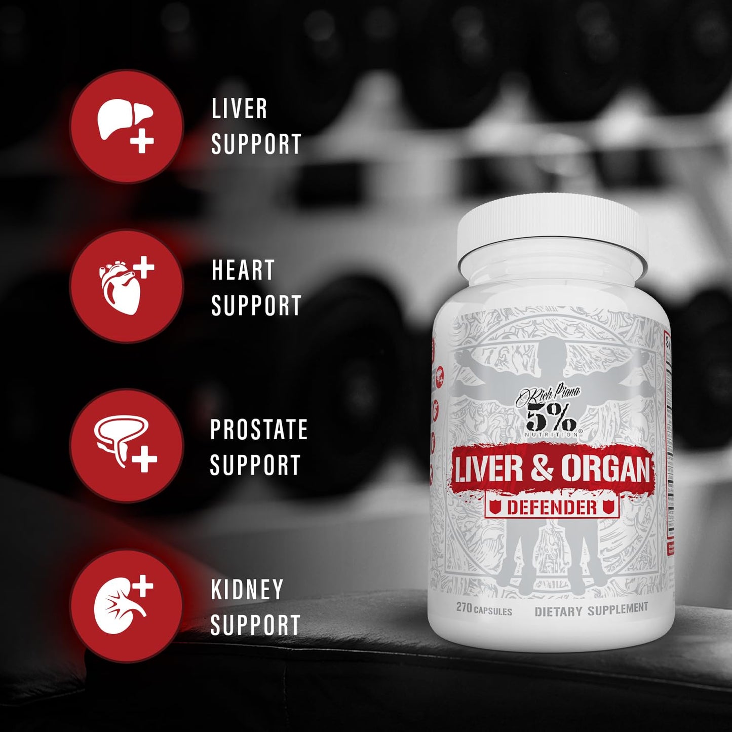 5% Nutrition Rich Piana Liver & Organ Defender Cycle Support Plus NAC | Liver, Prostate, Heart, Kidney & Skin Support | Milk Thistle, Saw Palmetto, Hawthorn Berry | 30-90 Servings