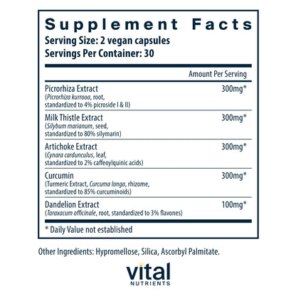 Vital Nutrients Liver Support II – Vegan Herbal Capsule Blend with Picrorhiza, Milk Thistle & Curcumin | Gluten-Free 60 Capsules