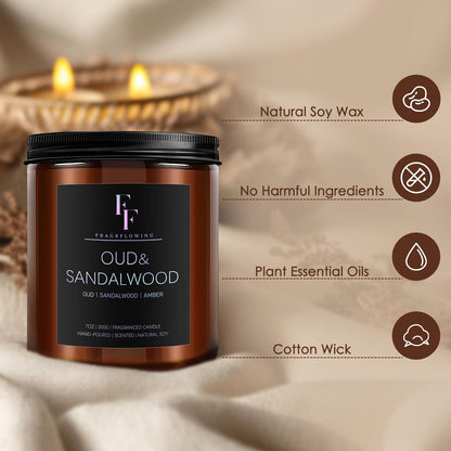 Sandalwood Oud Scented Candle - 7oz Soy Wax, Aromatherapy Gift
