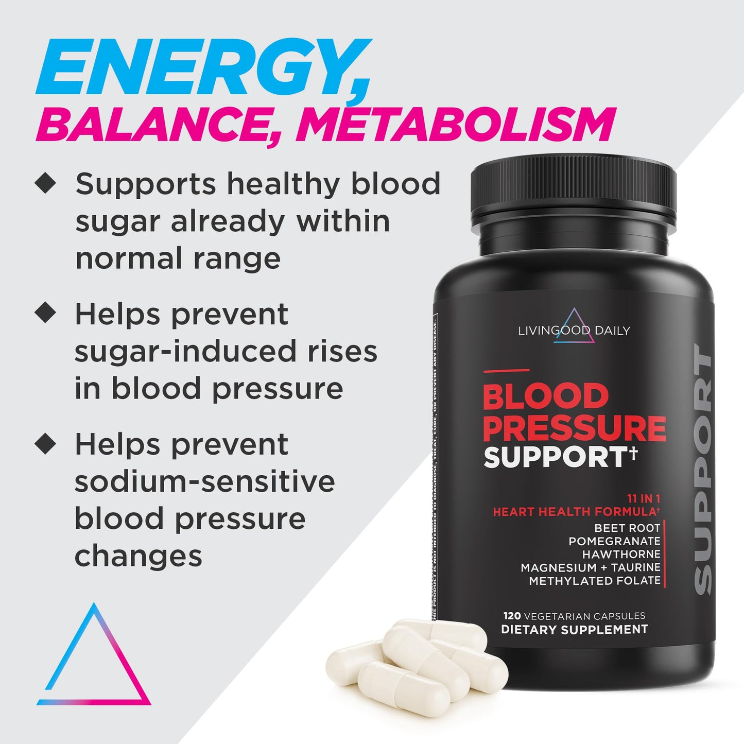 Livingood Daily Blood Pressure Support — Vegan Heart Health Supplement (120 Capsules)